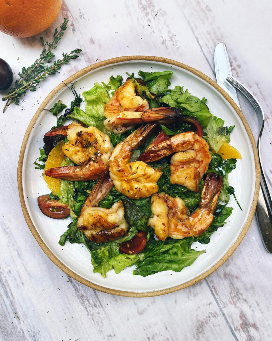 Pan-Fried Prawns in Balsamic & Orange Glaze, Thyme and Za’atar, Lunch, Middle Eastern, Salad