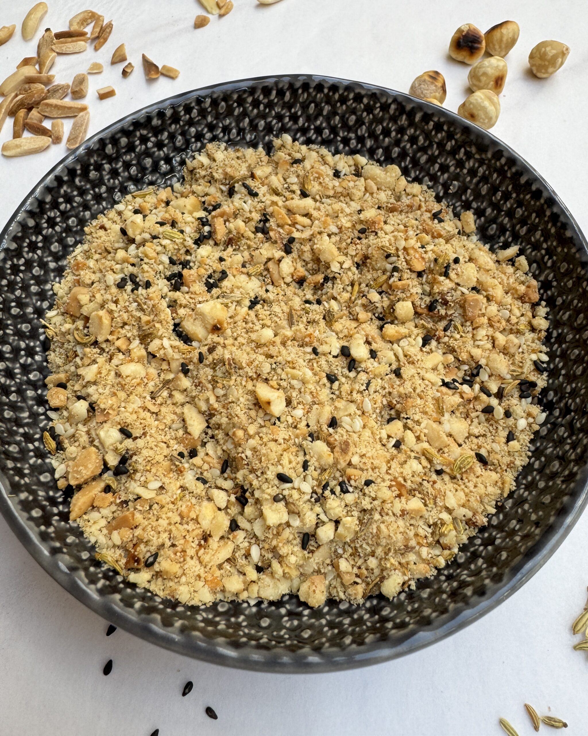 dukkah - a mix of pounded nuts with ground spice and sesame seeds