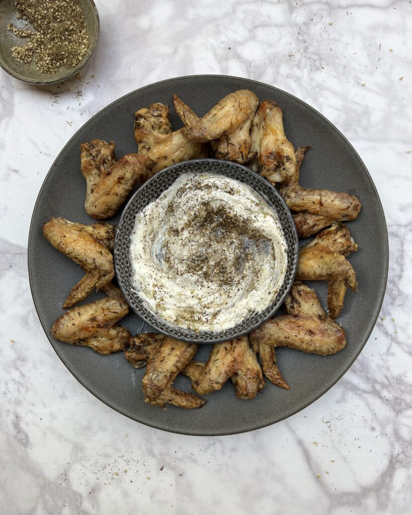 Air fried chicken wings with yoghurt and za'atar dip