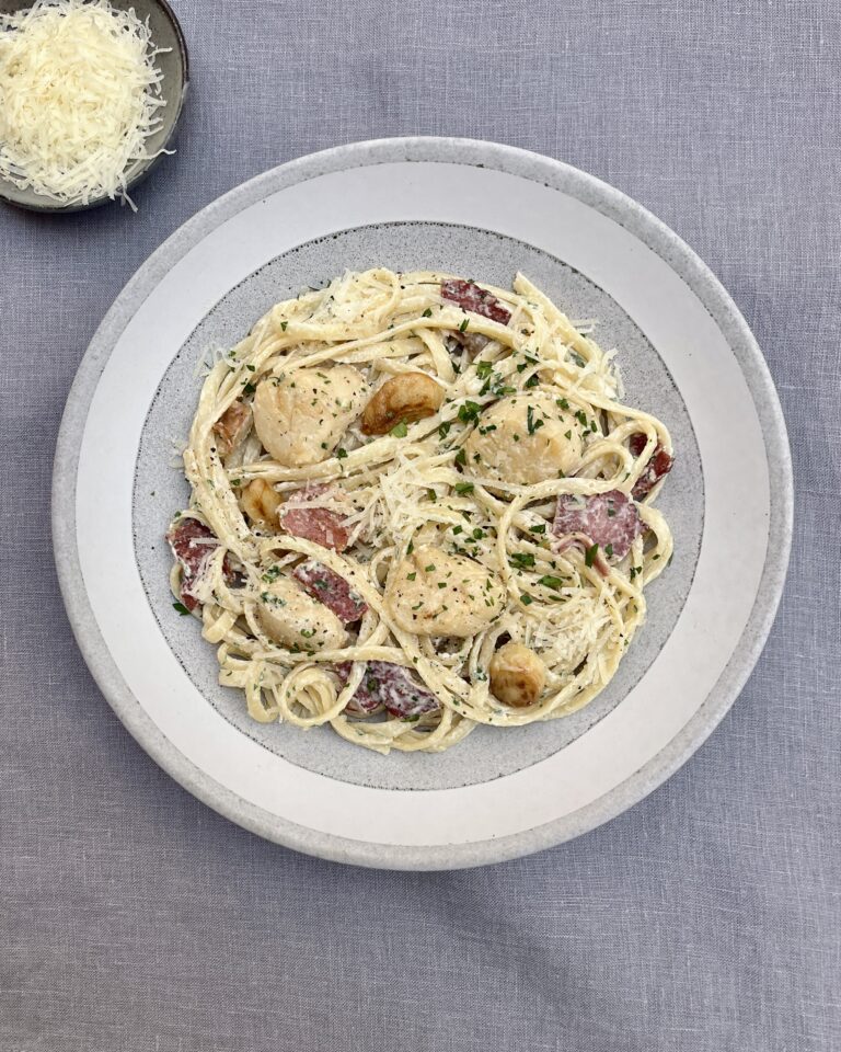 Linguine pasta in a creamy sauce with scallops and bacon, parmesan and parsley for latests recipes & All Recipes Category