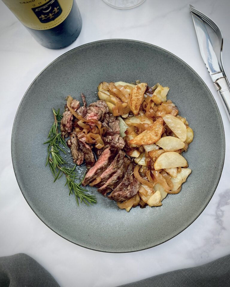 sliced steak bavette cooked to medium with fried potatoes and braised shallots for dinner recipes on A Flavour Affair & All Recipes Category