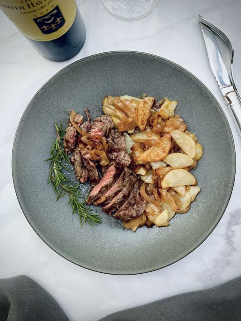 sliced steak bavette cooked to medium on a plate with fried potatoes and caramelized red onions