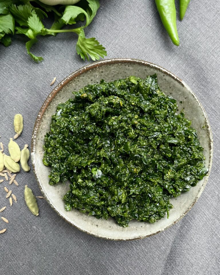 zhoug, yemeni condiment made from parsley, coriander, garlic, chilies, cardamom and cumin