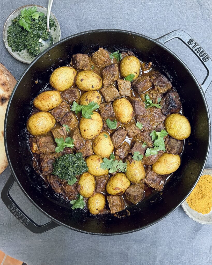 Beef stew with young potatoes and green zhoug dressing