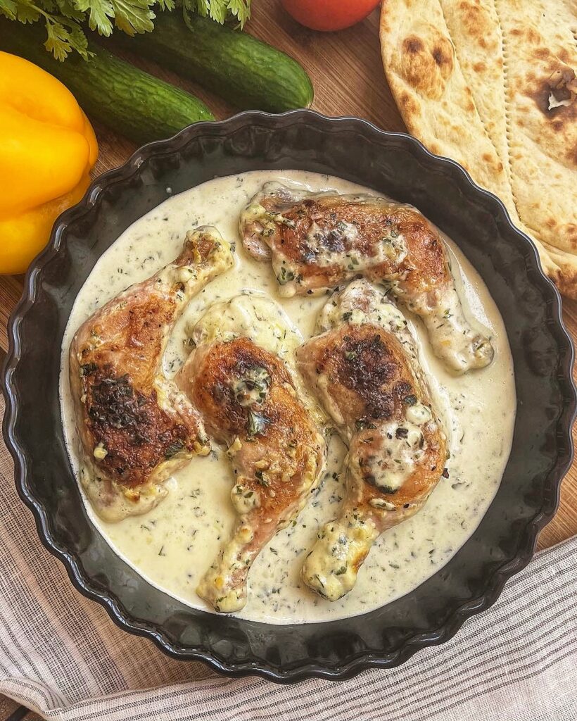 Chkmeruli, whole chicken legs in creamy sauce with lots of garlic and parsley