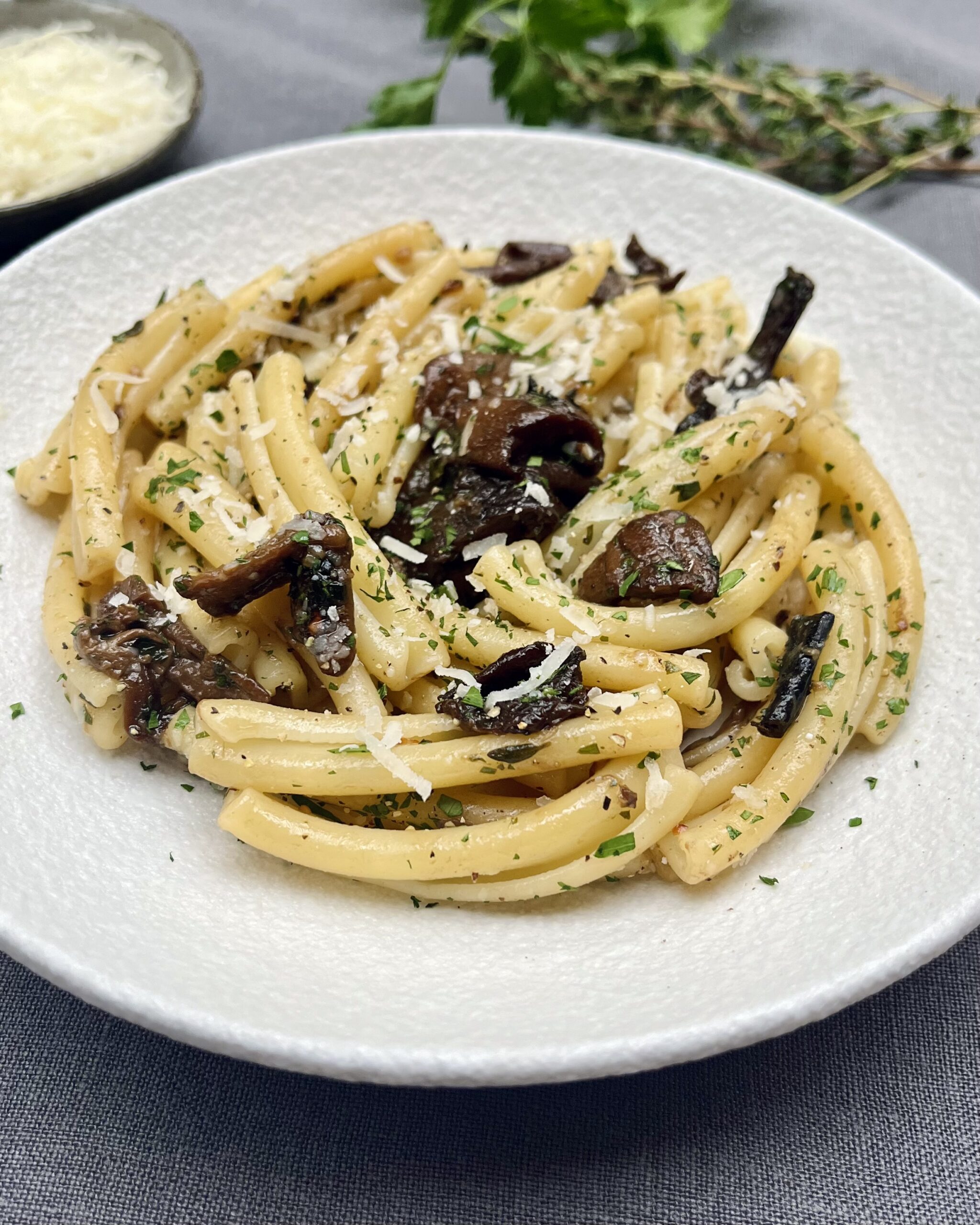 Pasta with wild mushrooms topped with grated parmesan and fresh parsley