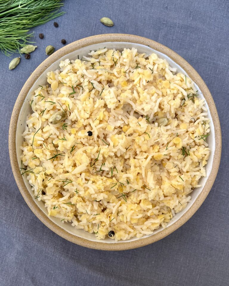 a bowl of cooked basmati rice with red lentils