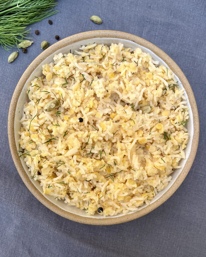 a bowl of cooked basmati rice with red lentils