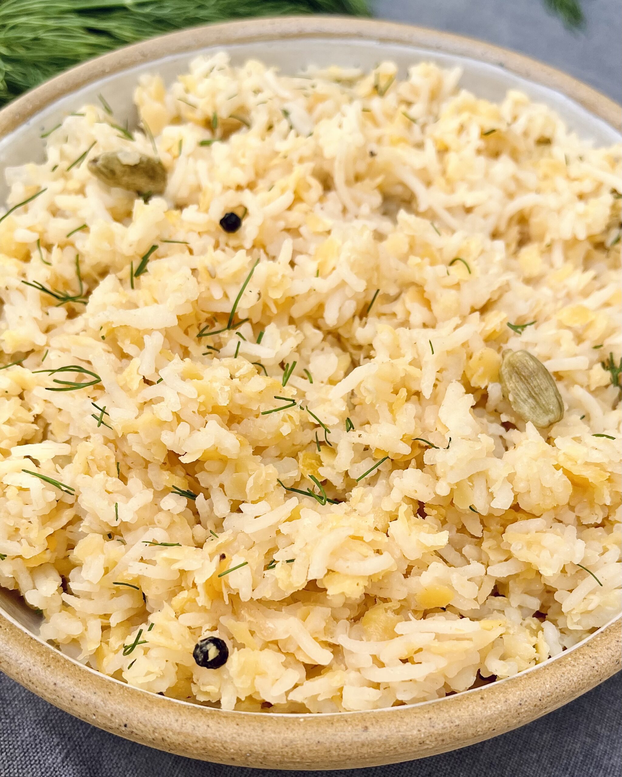 a close up on a bowl of cooked basmati rice with red lentils, dill, cardamom and black pepercorns