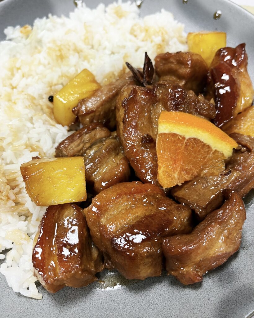 sticky pork belly with orange and pineapple