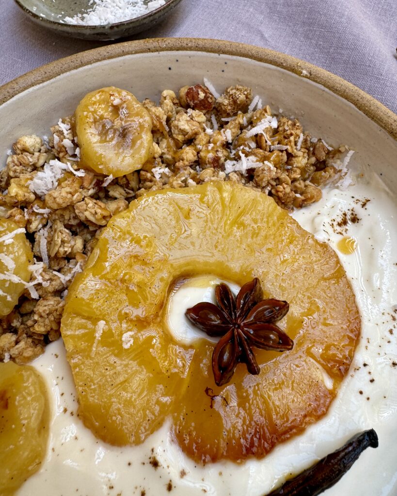 caramelized pineapple with yoghurt and granola 