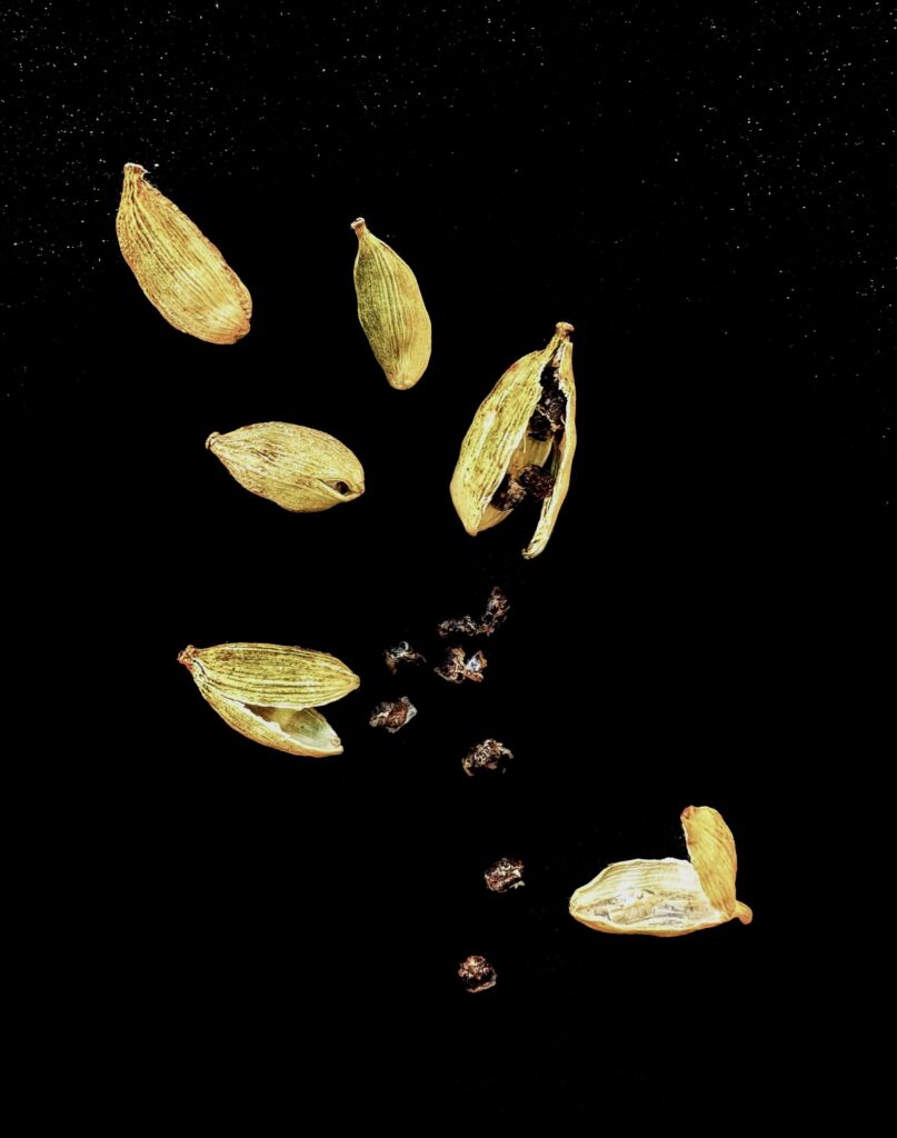 an arty photo of green cardamom pods and seeds floating in darkness