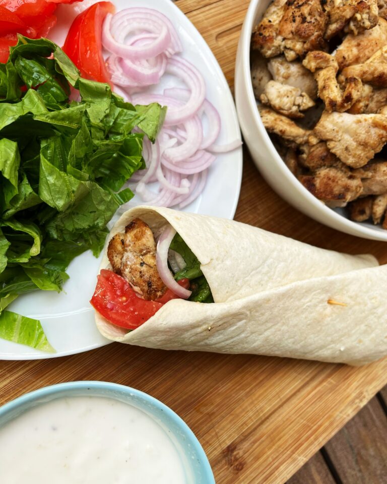 chicken shawarma wraps with vegetables and yoghurt dressing