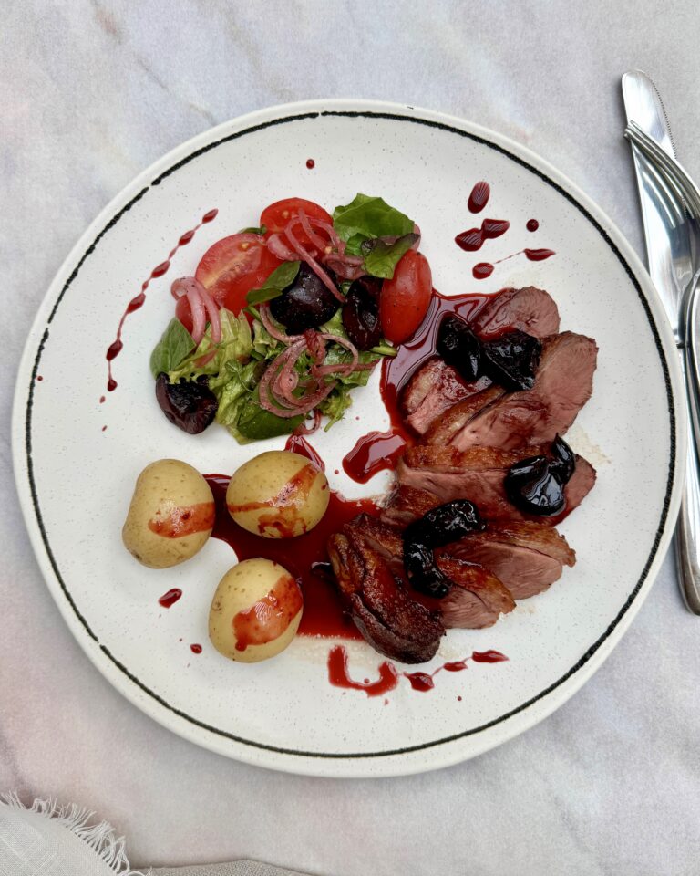 Roasted duck breast with cherry sauce