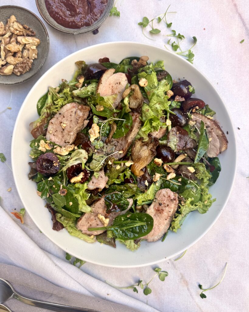 Duck salad with Cherries, Oyster Mushrooms, Walnuts and Tkemali