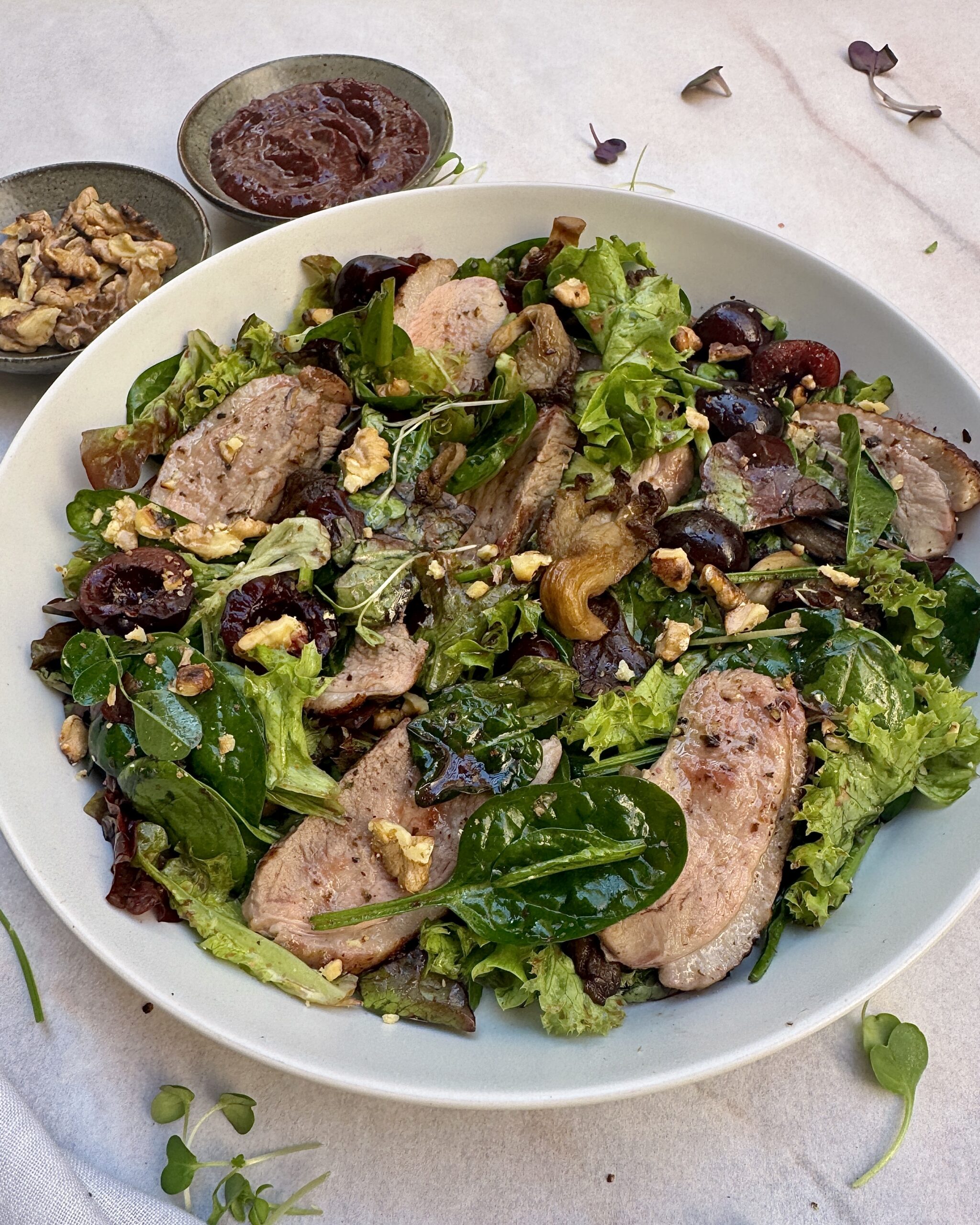 Duck Salad with Cherries, Oyster Mushrooms, Walnuts and Tkemali