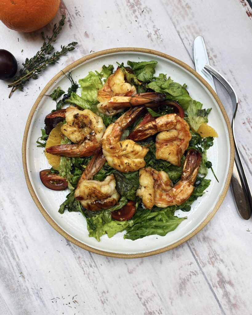 fried prawns with balsamic and orange glaze and zaatar